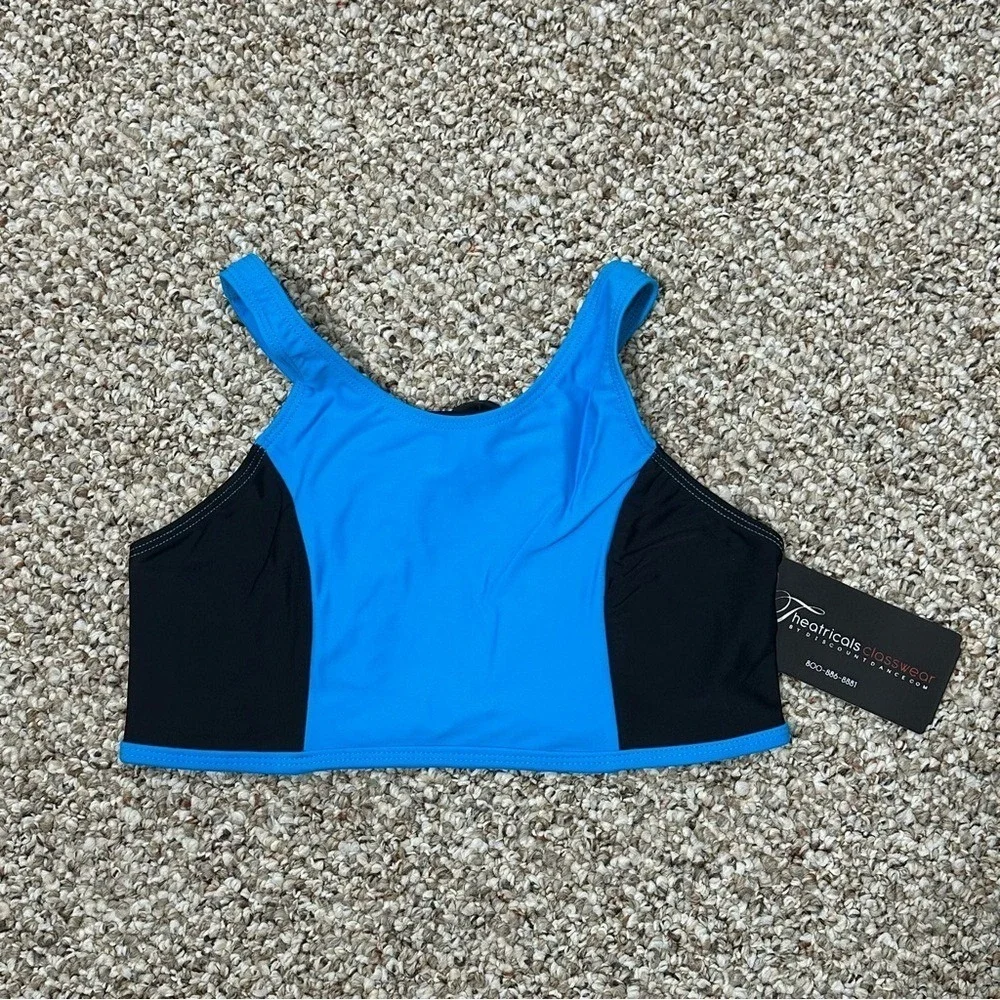AXS Theatricals blue black 2‎ piece dance set bike shorts crop top tank adult XS